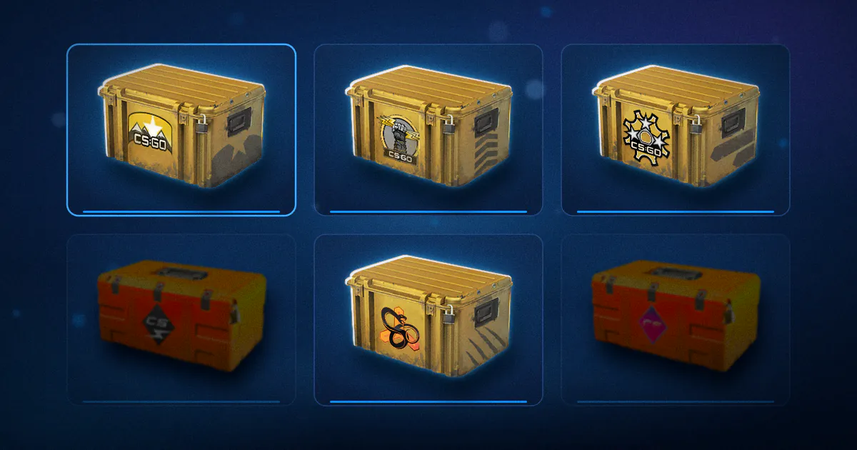 Six CS2 cases in inventory tiles. The Horizon Case glows blue while the Kilowatt and Fever Cases fade, like a value ranking of cases.