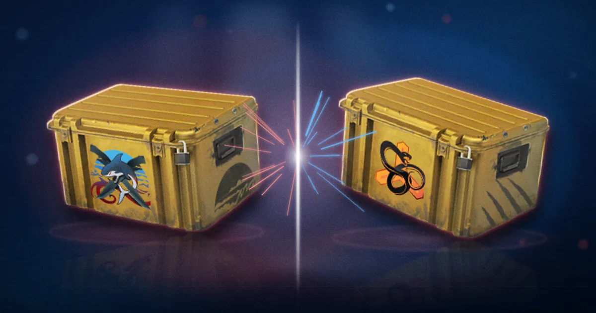 An Operation Riptide Case and a Snakebite Case face each other across a clash of red and blue light, like two players in a case battle.