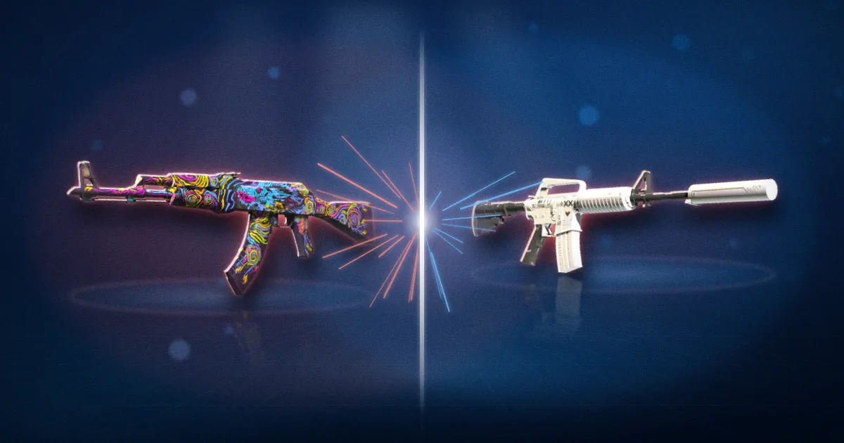An AK-47 Nightwish facing an M4A1-S Printstream across a glowing clash line, one side red and one side blue.