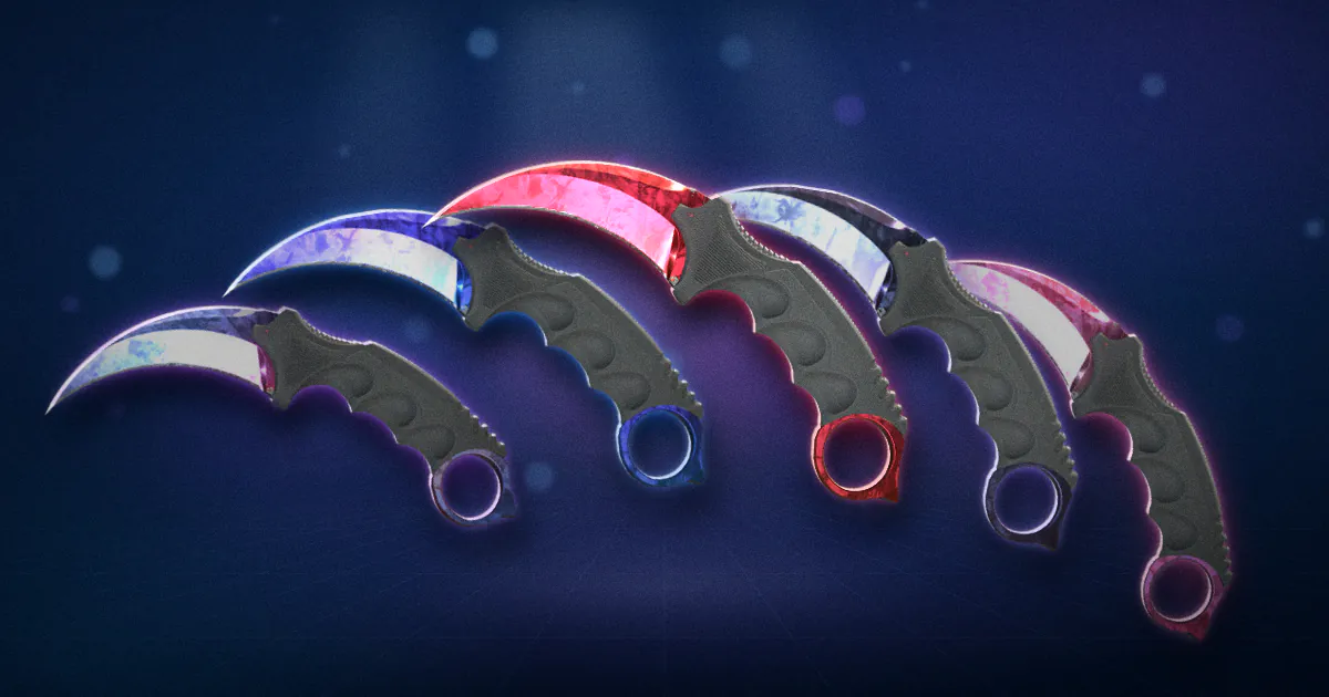Five Karambit Doppler knives fanned out side by side: Phase 1, Sapphire, Ruby, Black Pearl and Phase 2, each with a glow in its own color.