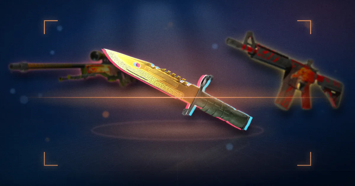 An M9 Bayonet Lore split into red and cyan ghost copies under an orange scanning beam, with an AWP Dragon Lore and an M4A4 Howl behind it.
