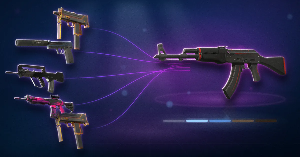Five Restricted skins from the Phoenix Collection stream into an AK-47 Redline above a wear band where the Factory New segment is switched off.