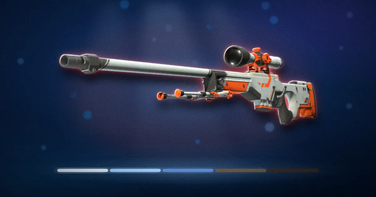 An AWP Asiimov sniper rifle lit on a navy stage above a light band that fades from bright Factory New to dark Battle-Scarred wear.