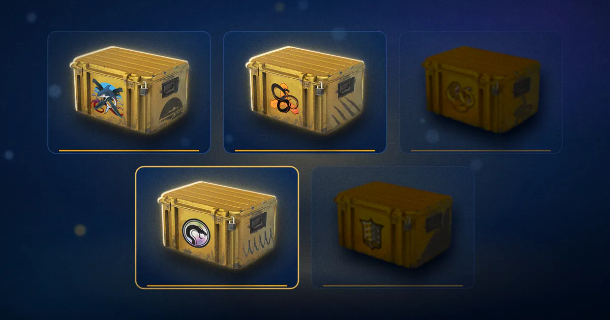 Five CS2 cases in inventory tiles. The Operation Broken Fang and Shadow Cases fade out of the pool while the Recoil Case glows gold.