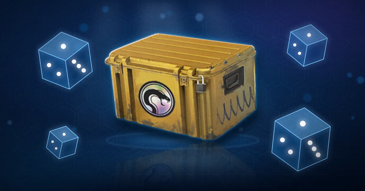 A Recoil Case glowing on a navy stage, surrounded by dice made of light and a faint hash grid.
