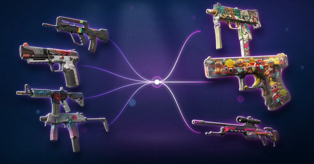 Four Restricted Operation Riptide skins branch out to the three Classified skins the trade-up can return: MAC-10 Toybox, Glock-18 Snack Attack and SSG 08 Turbo Peek.