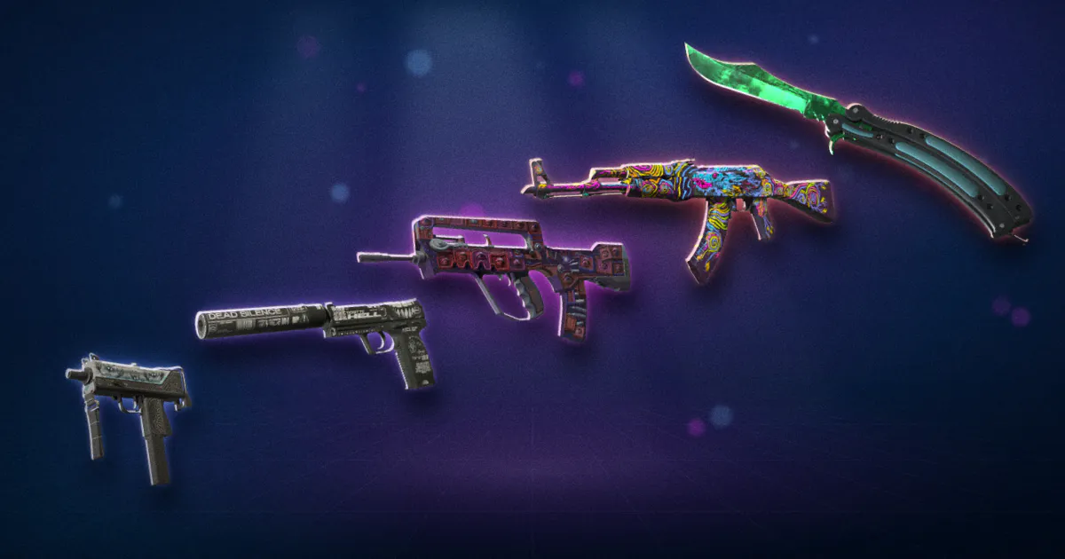 Five items from the Dreams and Nightmares Case rising in rarity from a Mil-Spec MAC-10 Ensnared to a Butterfly Knife Gamma Doppler.