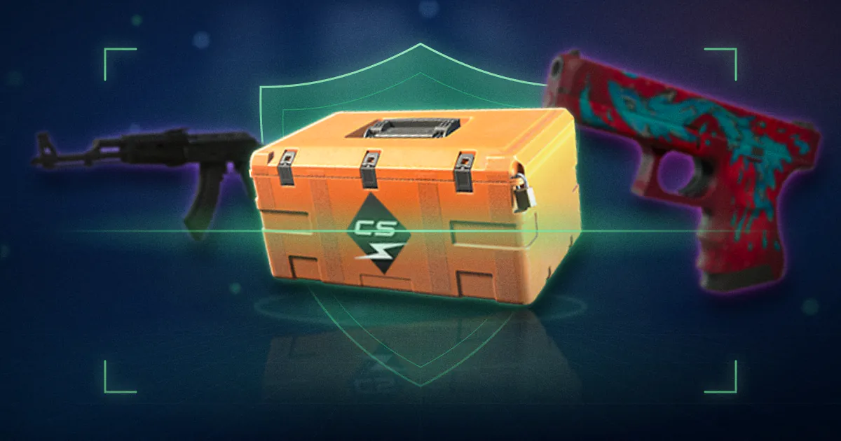 A Kilowatt Case in front of a green shield, flanked by an AK-47 Slate and a Glock-18 Water Elemental, with a red scan line checking for scams.