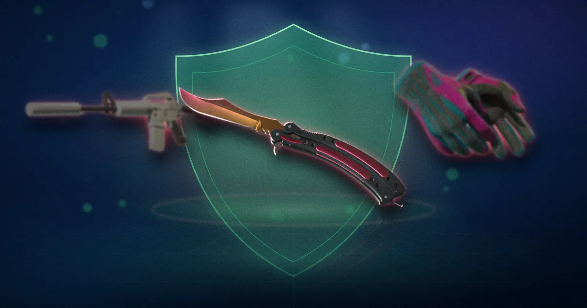 A Butterfly Knife Fade protected by a shield of green light, with Sport Gloves Vice and an M4A1-S Printstream behind it.