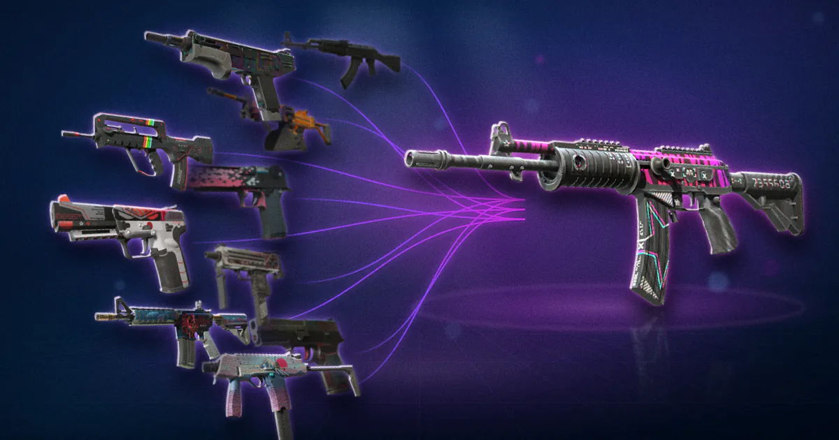 Ten Restricted skins from the Operation Riptide and Snakebite Cases flow along streaks of light into one Classified Galil AR Chromatic Aberration.