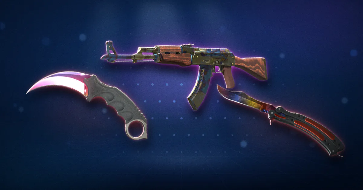 A Karambit Fade, an AK-47 Case Hardened and a Butterfly Knife Marble Fade, three skins whose look depends on the pattern index.