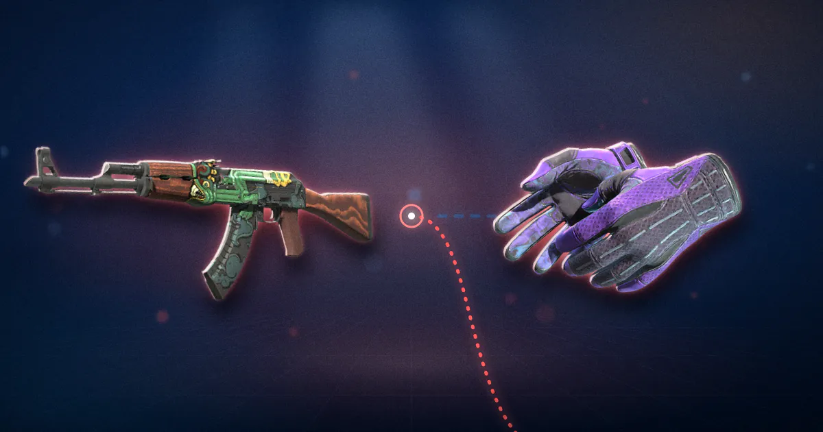 An AK-47 Fire Serpent sent toward Sport Gloves Pandora's Box, but the beam of light between them is cut and bent away in red.
