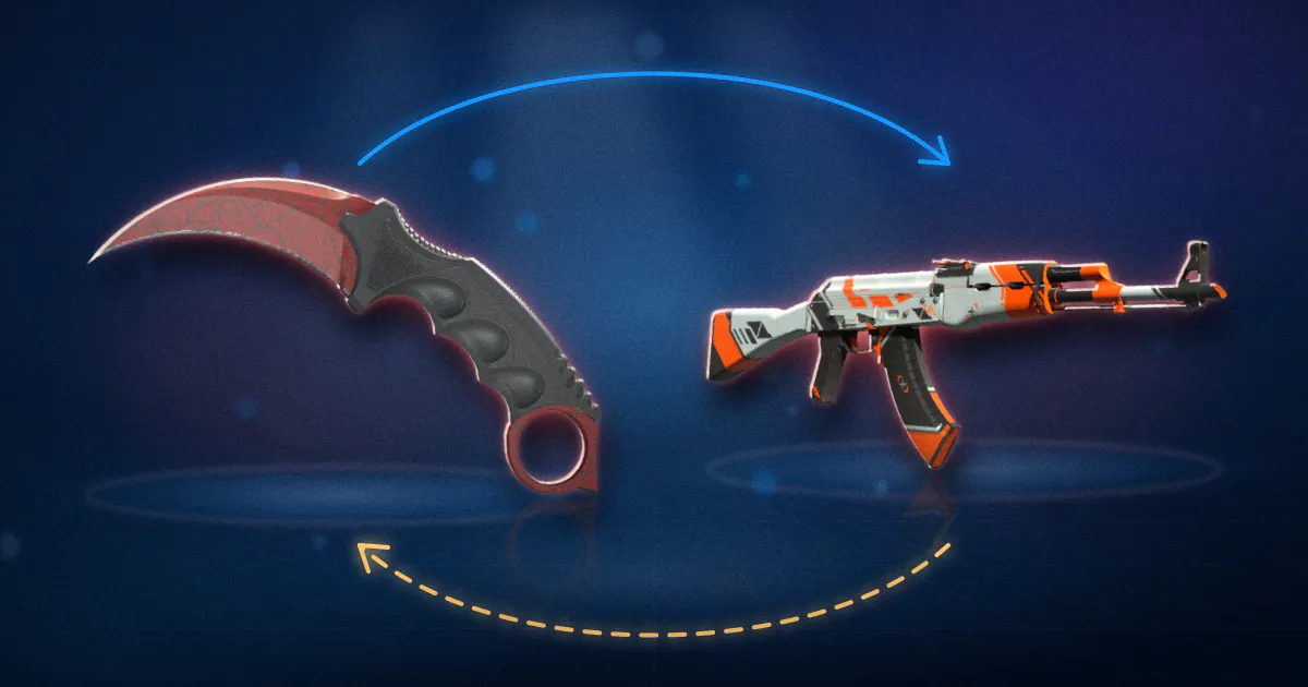 A Karambit Crimson Web and an AK-47 Asiimov joined by a loop of light, one arc going across and a dashed arc coming back.